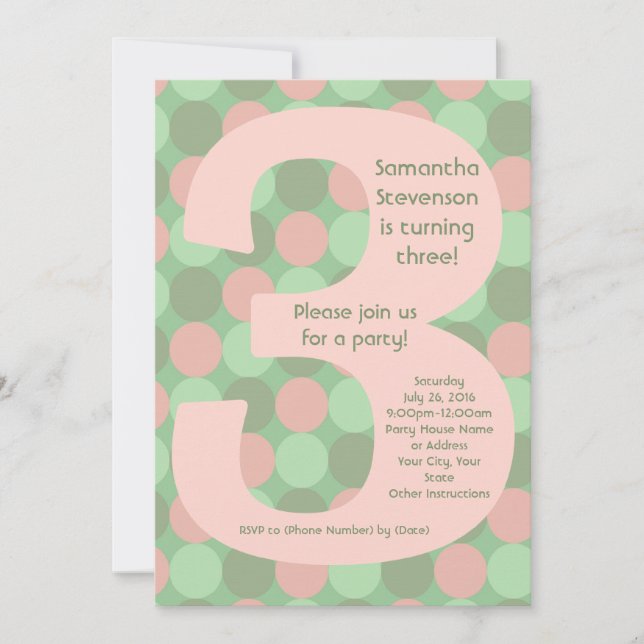 Big Number 3 Girl's 3rd Birthday Party Invitation (Front)