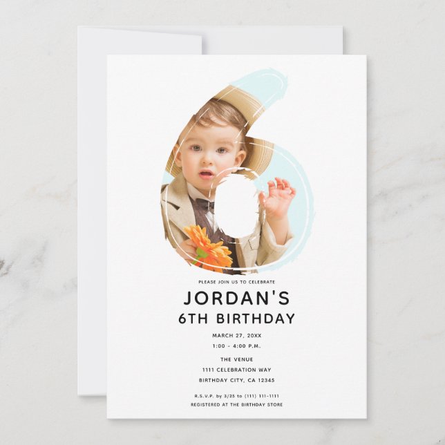 Big Number 6 SIX Photo Sixth 6th Birthday Party Invitation (Front)
