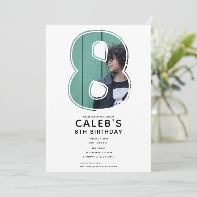 Big Number 8 Eight Photo 8th Birthday Party Invitation (Standing Front)