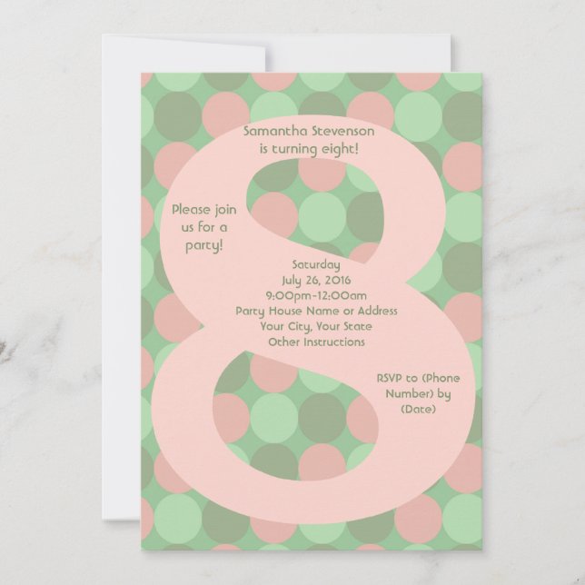 Big Number 8 Girl's 8th Birthday Party Invitation (Front)