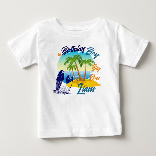 Big One Birthday Boy Beach Theme Personalised Name Baby T-Shirt (Front)