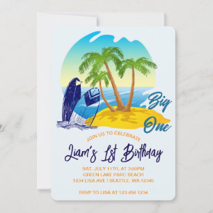 Big One Birthday Boy Beach Theme Personalised Name Invitation
