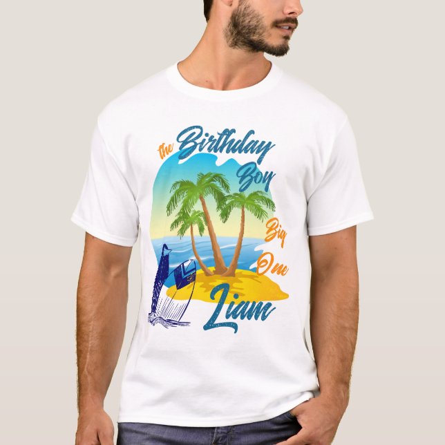 Big One Birthday Boy Beach Theme Personalised Name T-Shirt (Front)