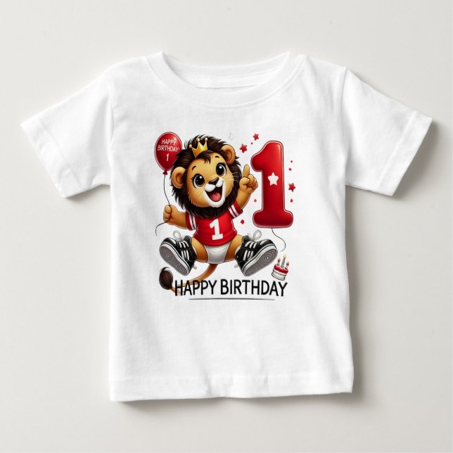 Big One Celebration: Lion with a Balloon Baby T-Shirt (Front)