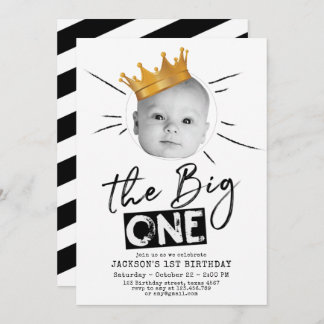 Big One First Birthday Modern Photo Black White Invitation