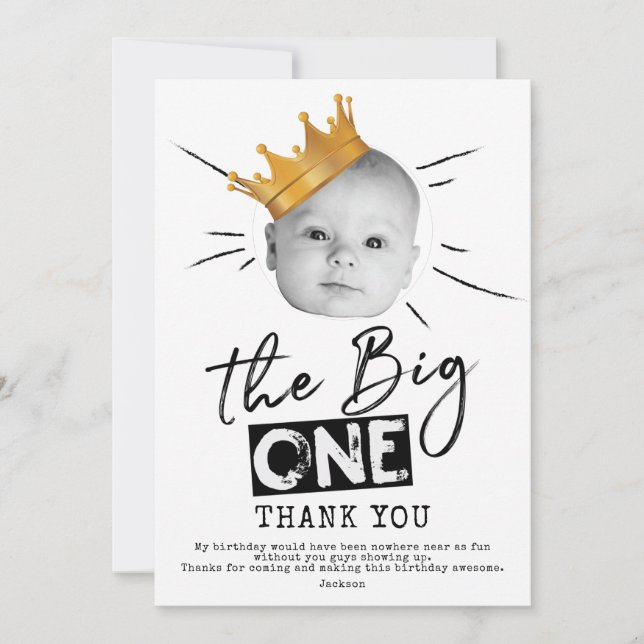 Big One First Birthday Photo Black White Thank You Card (Front)
