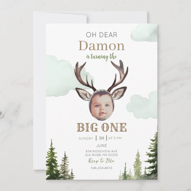 Big One Hunting First Birthday Photo Invitation (Front)