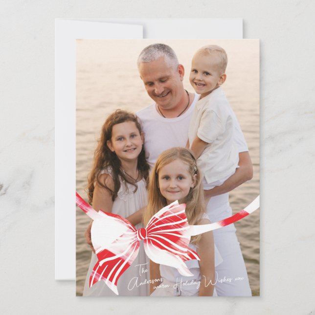 Big One Photo White & Red Plaid Tied With Bow Holiday Card (Front)