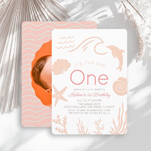 Big One Pink Wave Girl Photo 1st Birthday Invitation