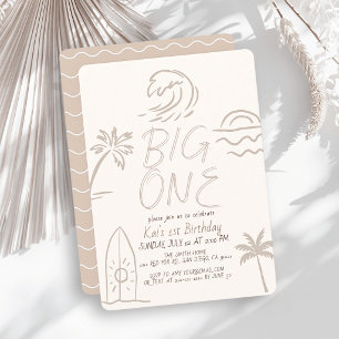 Big One Surfboard Doodle Beige 1st Birthday Invitation