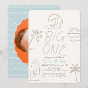 Big One Surfboard Doodle Blue Photo 1st Birthday Invitation