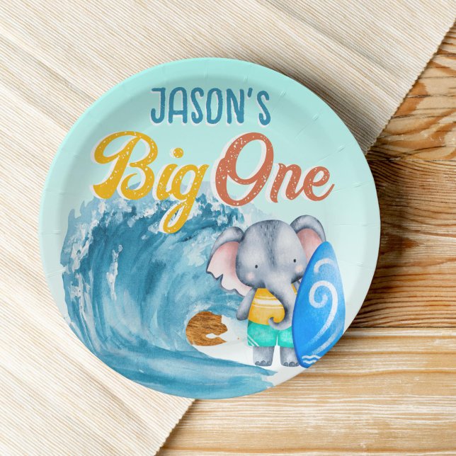 Big One surfing beach 1st birthday party elephant Paper Plate (Creator Uploaded)