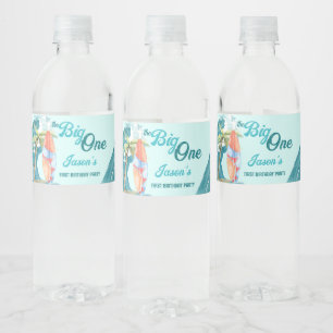 Big one surfing beach birthday party personalised water bottle label