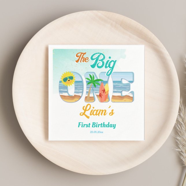 Big One surfing beach summer birthday tableware Napkin (Big One surfing beach summer first birthday party personalized tableware monogram printed Napkins)