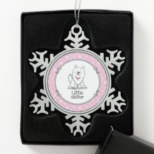 Big or Little Sister American Eskimo Dog - Eskie Snowflake Pewter Christmas Ornament