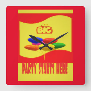 BIG PARTY THEME WITH WORDS COLORS RED YELOW SQUARE WALL CLOCK