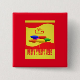 BIG PARY THEME RED AND YELLOW WITH BALOONS 15 CM SQUARE BADGE