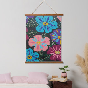 Big Pastel Flowers on Black  Hanging Tapestry