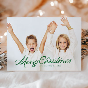 Big Photo Green Lettering Overlay Merry Christmas Holiday Card