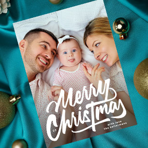 BIG PHOTOS   white lettering Merry Christmas Holiday Card