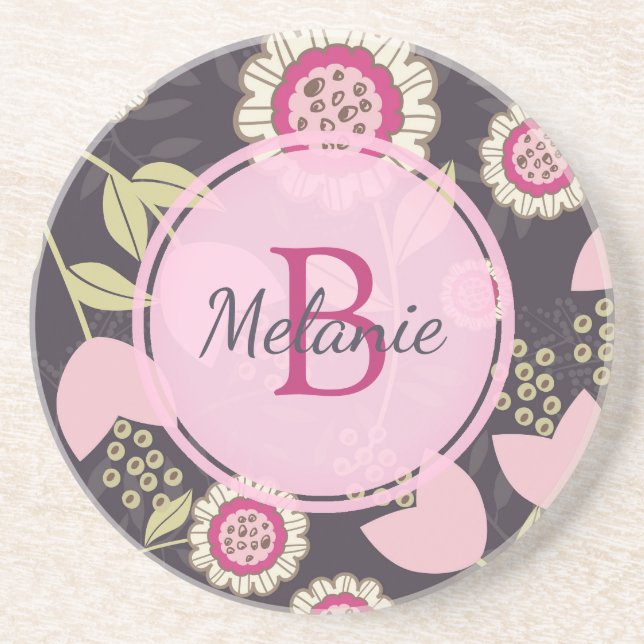 Big Pink Floral Tulip Pattern Monogram Coaster (Front)