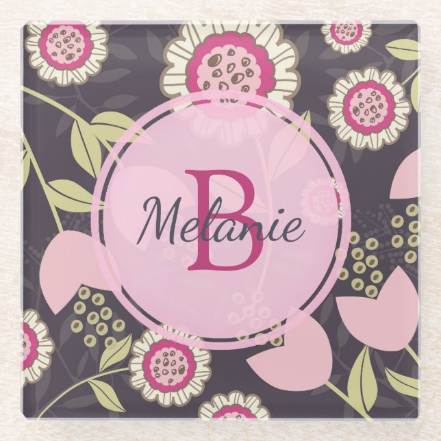 Big Pink Floral Tulip Pattern Monogram Glass Coaster (Front)
