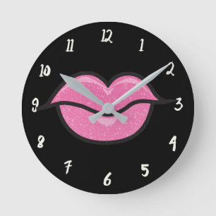 Big Pink Glitter Lips Lipstick Kiss Glamour Glam Round Clock