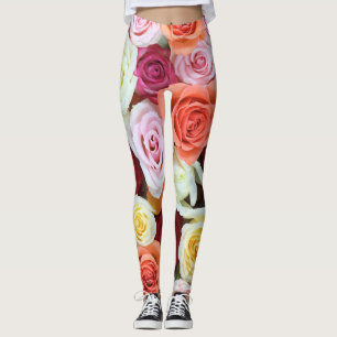 Big Pink  Purple and White Roses Leggings