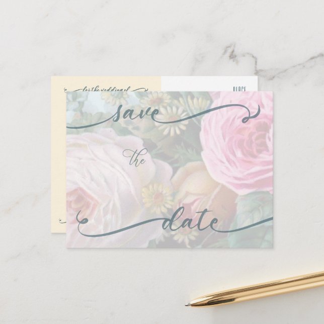 Big Pink Roses Save the Date Postcard Template (Front/Back In Situ)