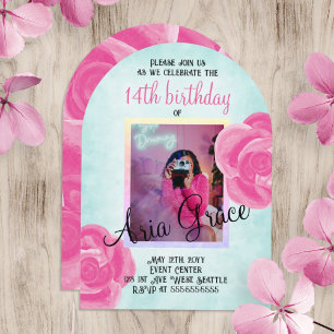 Big Pink Roses, Turquoise Birthday Party Invitation