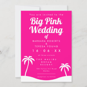 Big Pink Wedding Barbiecore Trendy Palm Tree Beach Invitation