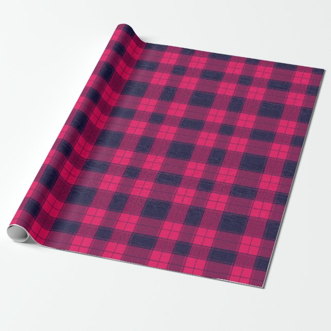 Big Pixel Check Plaid in Pink Navy Wrapping Paper (Unrolled)