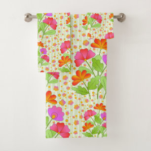 Big Pop Colour Flowers Pink and Orange Pale Green  Bath Towel Set