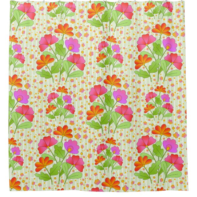Big Pop Colour Flowers Pink and Orange Pale Green  Shower Curtain (Front)