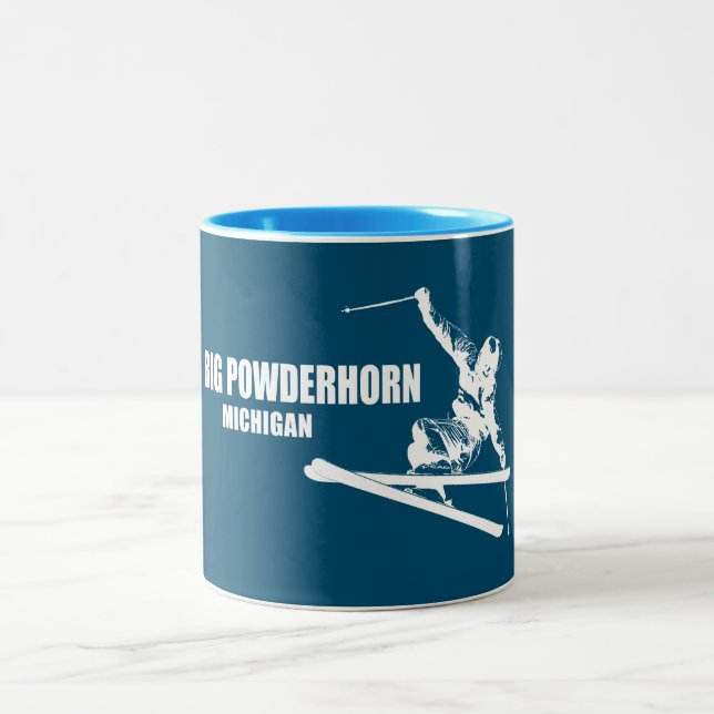 Big Powderhorn Mountain Michigan Skier Two-Tone Coffee Mug (Center)