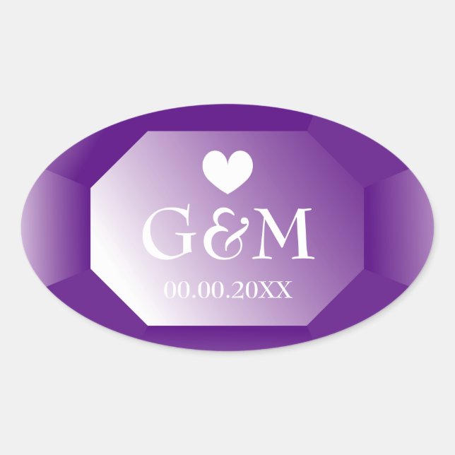 Big purple gemstone monogram wedding favour oval sticker (Front)