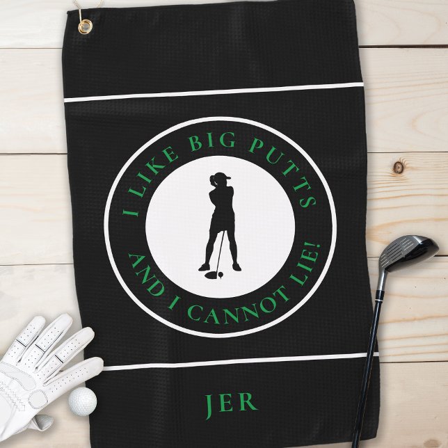 Big Putts Funny Lady Golfer Modern Black Green Golf Towel (Creator Uploaded)