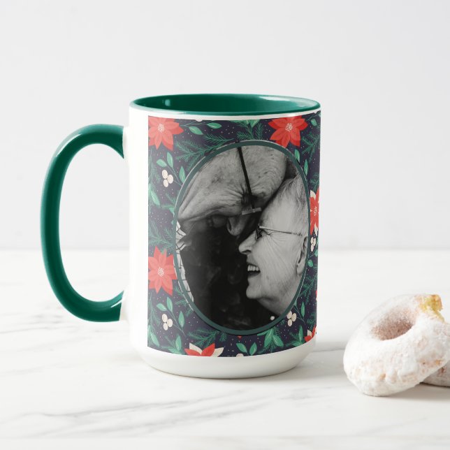 Big Red and White Christmas Poinsettias Photo Mug (With Donut)