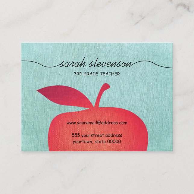 Big Red Apple Chalkboard School Teacher Linen Look Business Card (Front)