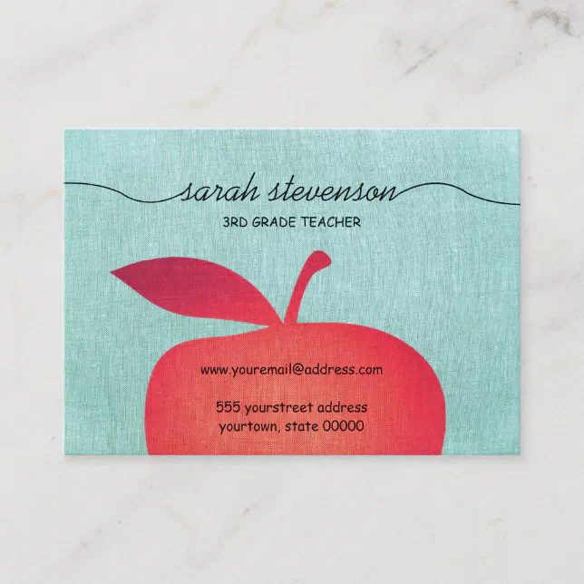 Big Red Apple Chalkboard School Teacher Linen Look Business Card | Zazzle