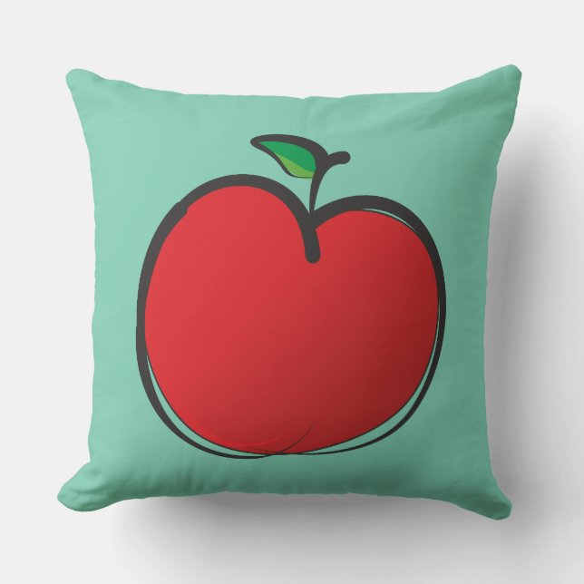 Big Red Apple Drawing on a Pale Green Background Cushion (Front)