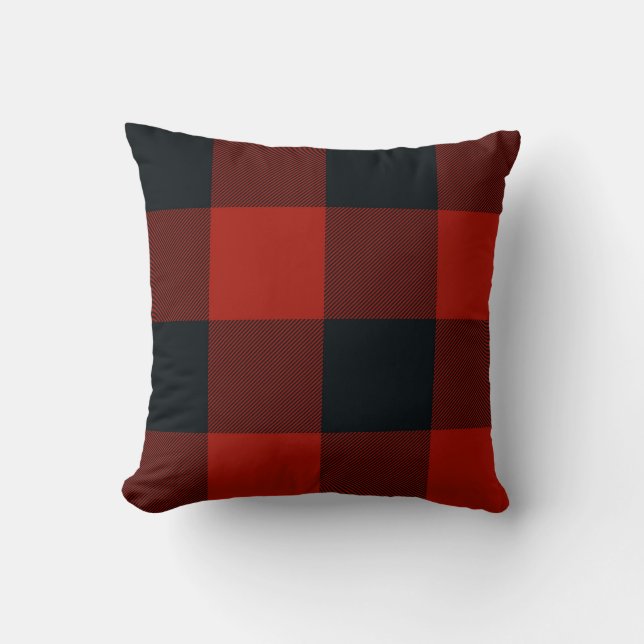 Big Red & Black Buffalo Plaid Chequered Rustic Cushion (Front)