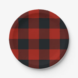 Big Red & Black Chequered Squares Buffalo Plaid Paper Plate