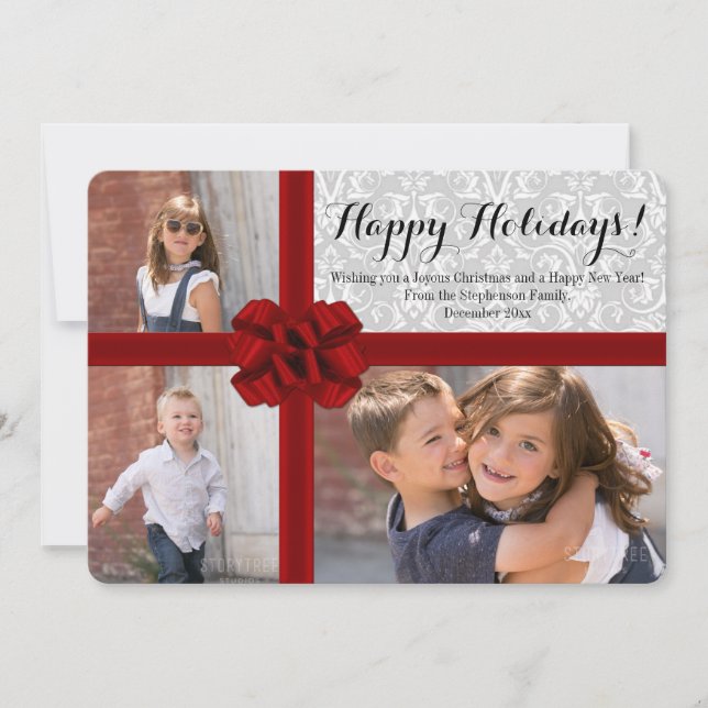Big Red Bow 3 Photo Christmas Card (Front)