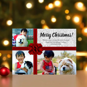 Big Red Bow Present 3 Photo Christmas Card