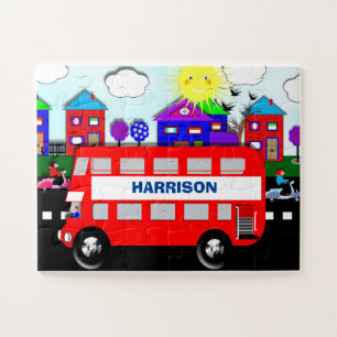 Big Red Bus Cute Personalised Kids Jigsaw Puzzle