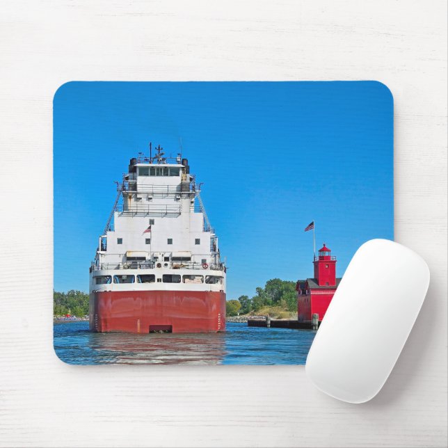 Big Red Lighthouse and a Freighter Mouse Pad (With Mouse)