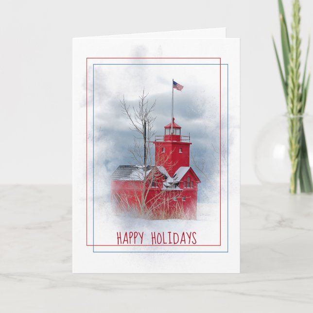 Big Red Lighthouse Christmas Holiday Card (Front)
