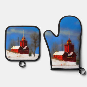Big Red Lighthouse Painting Holland Original Art Oven Mitt & Pot Holder Set