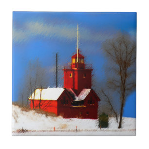 Big Red Lighthouse Painting - Original Art Ceramic Tile